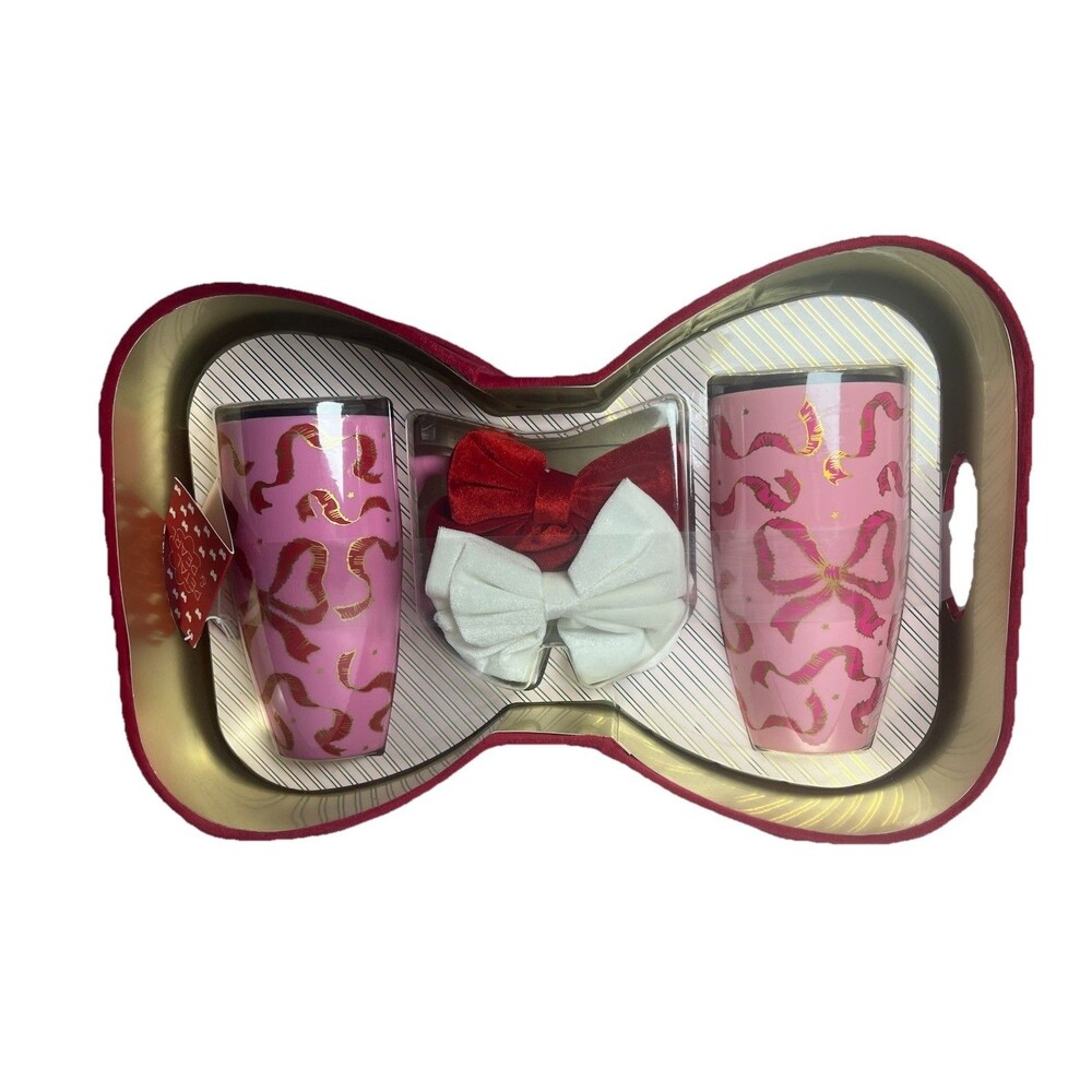 6 Piece Gift Set 2 Mugs 2 Bow Scrunchies Storage Velvet Box BFF Pink Girly